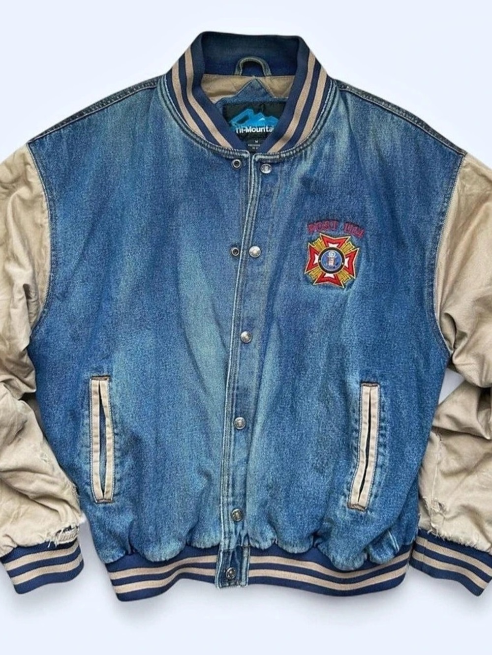 Firefighter jacket Denim Color Block Varsity Jacket Size Medium